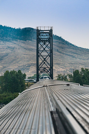 North Thompson river RR Bridge in Kamloops BC. After crossing the bridge trains can go right into downtown Kamloops and join the CP line to Banff or go left on the CN line to Jasper, our route.
