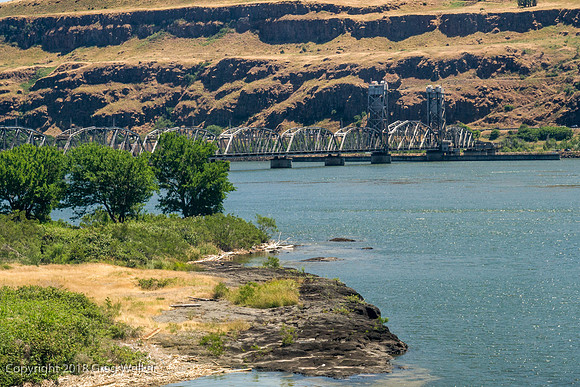 Crossing the Columbia River on the Cielilo RR bridge at Wishram WA.  Originall the Oregon Trunk RR bridge.