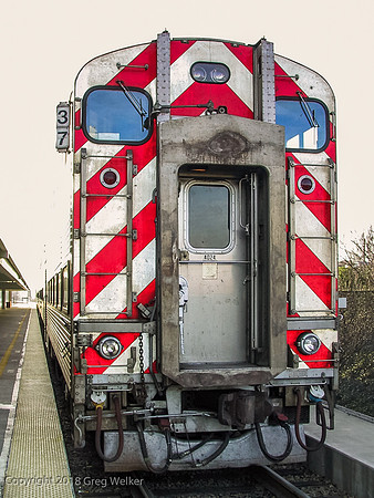CalTrain 4021 Nippon Sharyo bi-level cab-car.  Engineer sits behind window at top left.
