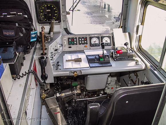 View of Engineer's control stand.  These controls are linked electrically to the locomotive so it can be operated from this control stand.