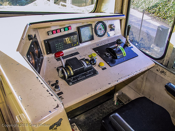 View of "control stand".  Engineer sits here and controls the operation of the train.