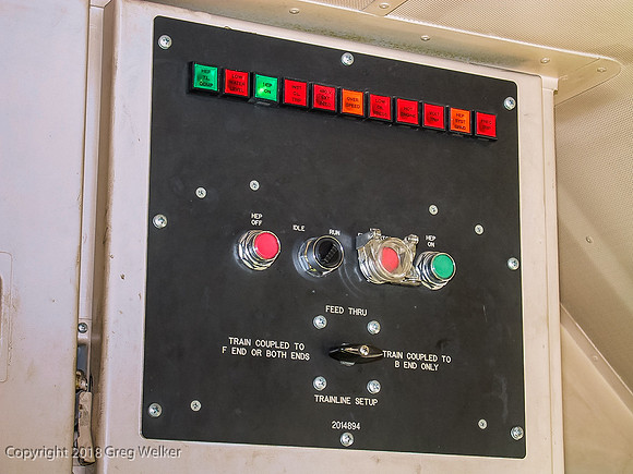Head end power control panel in locomotive cab.  A Cummins diesel engine in the rear of the locomotive provides electric power for the train.