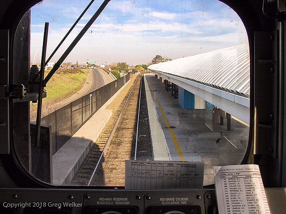 View from engineer's seat in cab-car looking North.