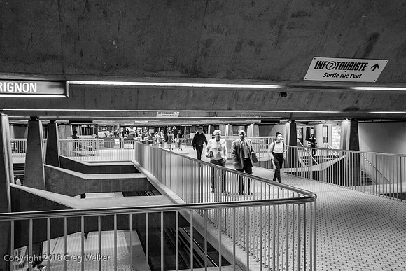 Six shots of the Montreal Metro system at the Peel Station.